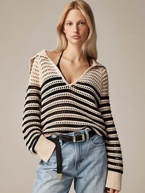 J. Crew Crochet Sailor Collar Open Knit Neutral Stripe Pullover Sweater Cotton M